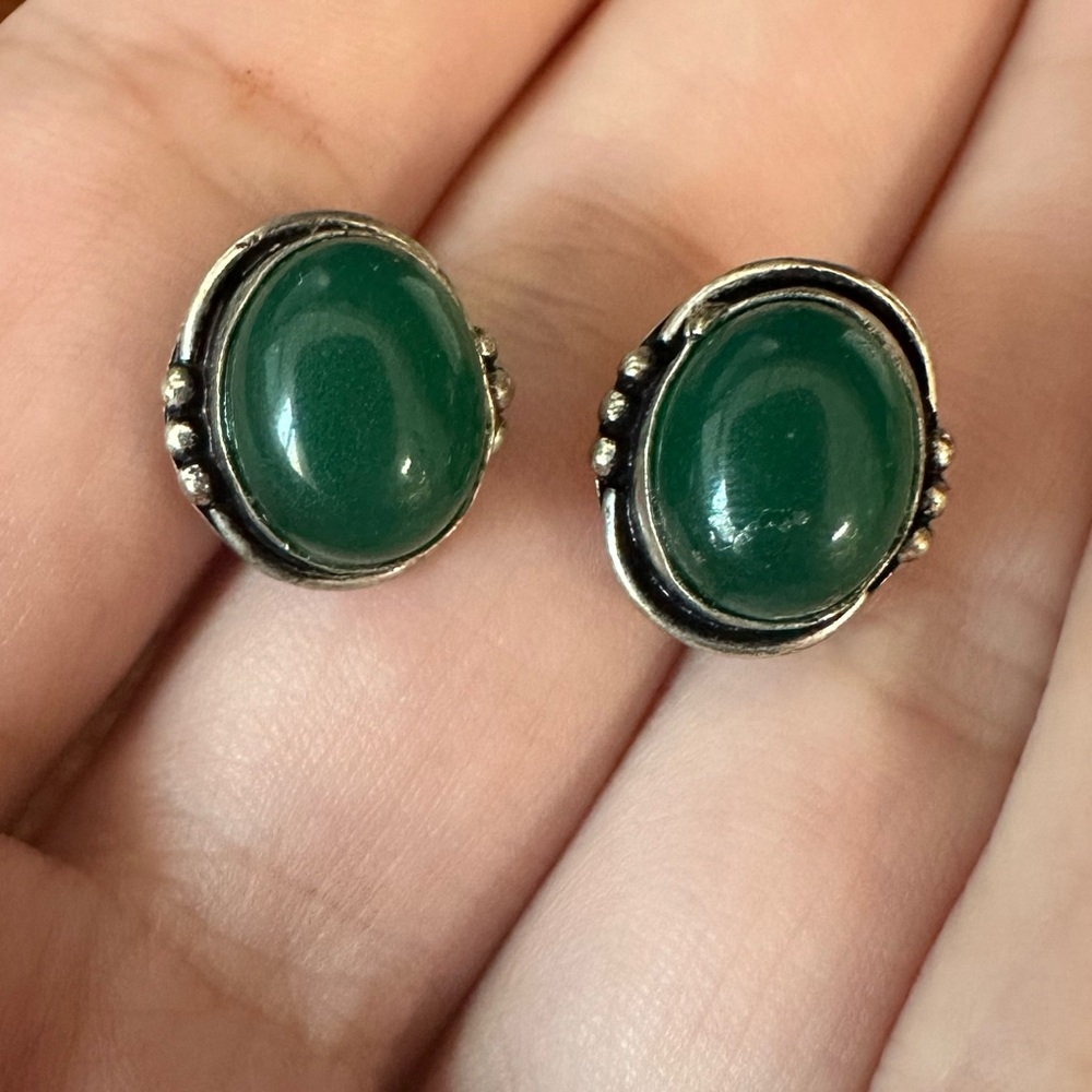 Green & Sterling Silver Earrings Studs | Mexico
